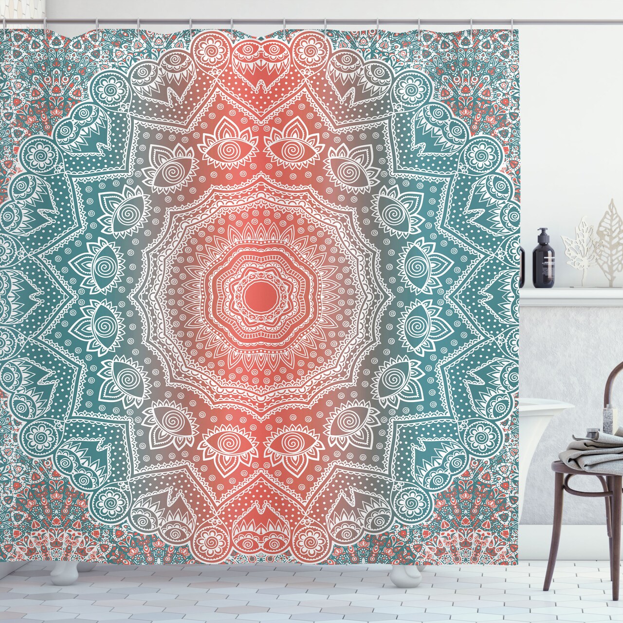 Ambesonne Coral and Teal Shower Curtain, Modern Tribal Mandala Tibetan Healing Motif with Floral Geometric Ombre Art, Cloth Fabric Bathroom Decor Set with Hooks, 70" Long, Coral Teal